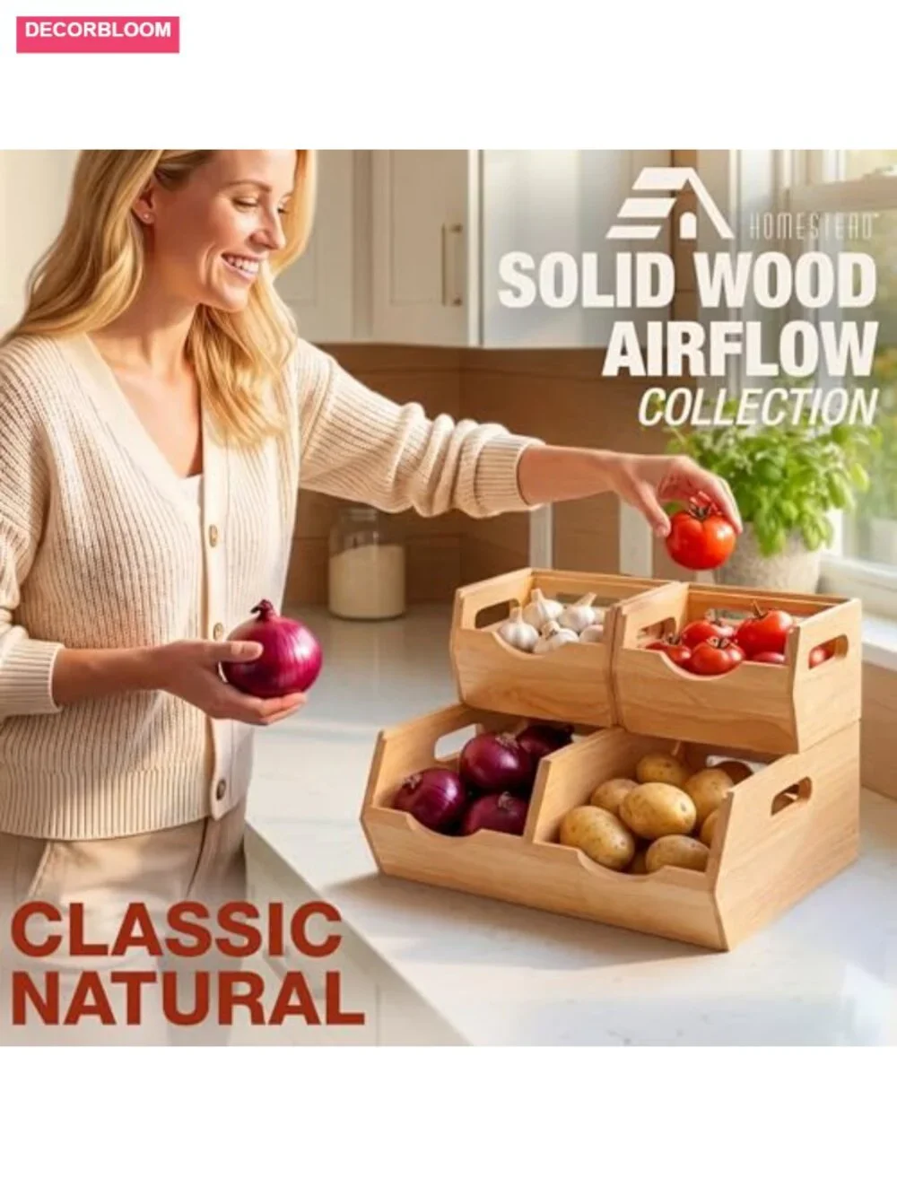 Stackable Solid Wood Storage Bins Pantry Countertop Produce Organizer